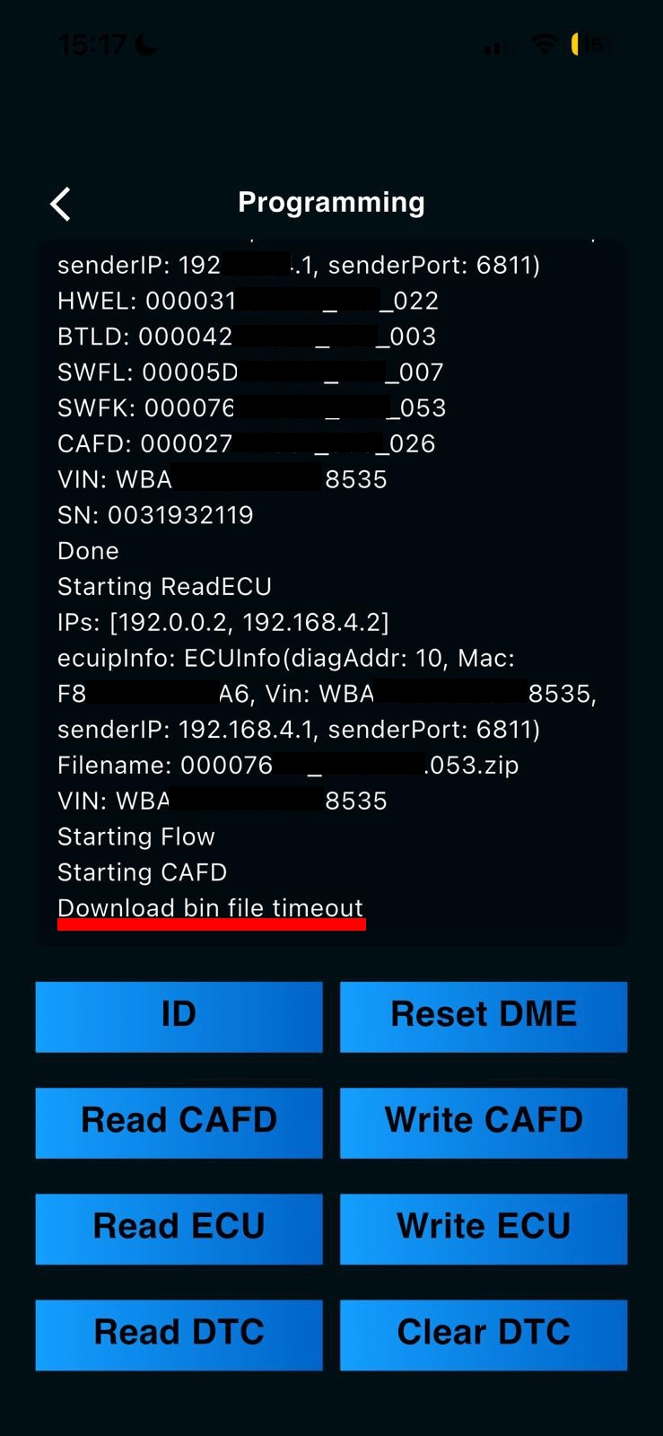 裝置顯示 Download Bin Timeout